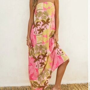 NWT Dress forum strapless pink brown yellow dress tropical print maxi dress